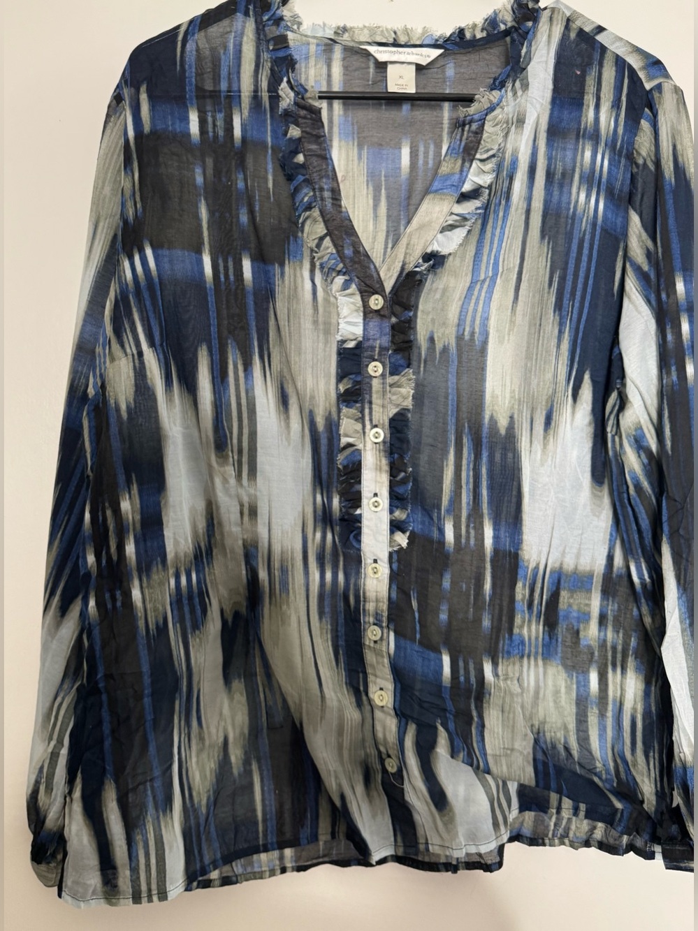 Christopher & Banks Blue and Gray Striped Ruffle-Trim Button-Down Shirt xl sheer